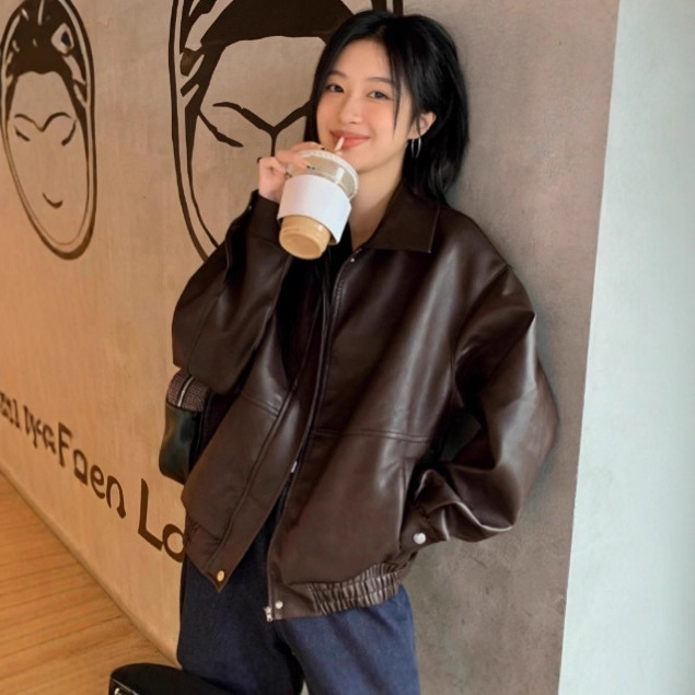 Women's Autumn Pu Leather Jacket Long Sleeve Zipper Loose Casual Coat Solid Color Spring and Autumn Outerwear Women's Autumn Pu Leather Jacket Long Sleeve Zipper Loose Casual Coat Solid Color Spring and Autumn Outerwear