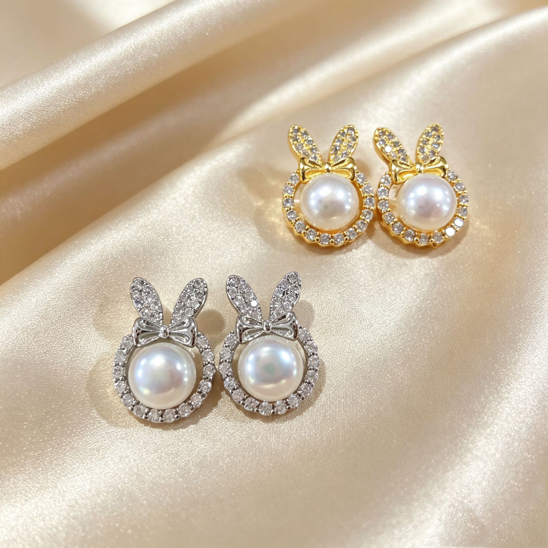 Cute bowknot rabbit micro-inlaid zircon earrings, natural freshwater pearl studs, everyday commuting cute little earrings