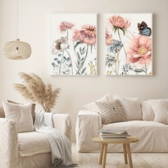 跨境簡約清新北歐粉色花朵客廳臥室牆面裝飾畫家居三聯畫無框畫芯