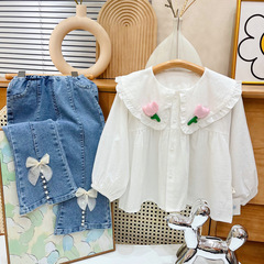 Baby girl floral collar fresh small flowers stylish versatile dressy Korean style white minimalist top
