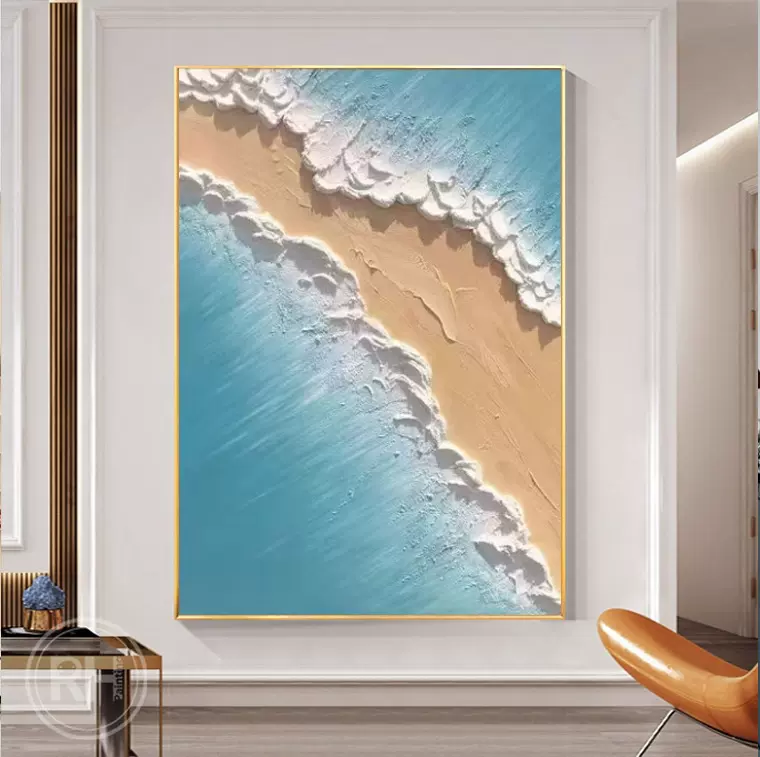 纯手绘砂岩画多巴胺肌理海浪挂画客厅沙发背景玄关装饰画