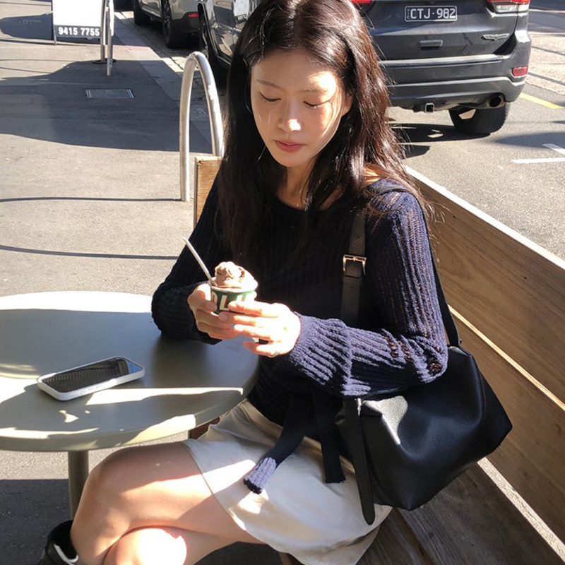 2025秋季新款韩国东大门复古气质高级感圆领系带显瘦针织衫女上衣|undefined