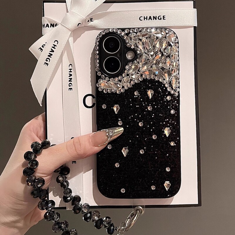 Cross-Border Applicable Iphone16Promax Mobile Phone Case Iphone17 Black 14 Crystal Diamond 15 Rhinestone 12 Hanging Chain