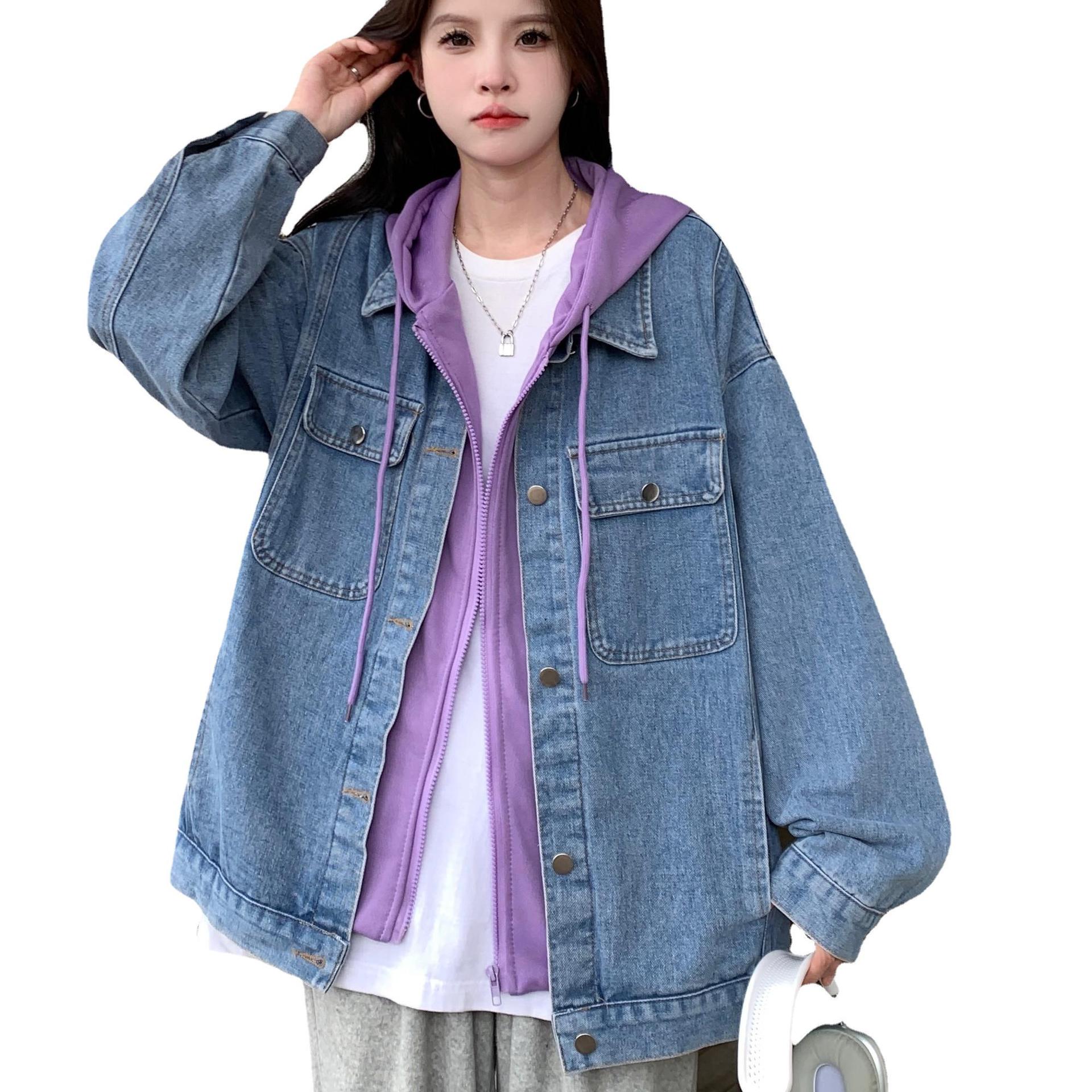 가짜 투피스 데님 재킷 소녀의 봄과 가을 12 중학생 느슨한 캐주얼 후드 자켓 15 세