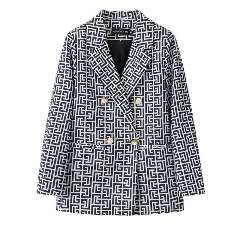 Áo vest nữ dáng suông họa tiết răng sói hai hàng cúc, tay dài cổ vest — 60 ô vuông, 61 ô vuông, 62 ô vuông, 63 ô lưới