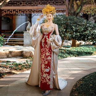 Red Strapless Toast Dress New Chinese Bride Wedding Dress Heavy Industry Fish Tail Dragon and Phoenix Gown Vintage Engagement Dress
