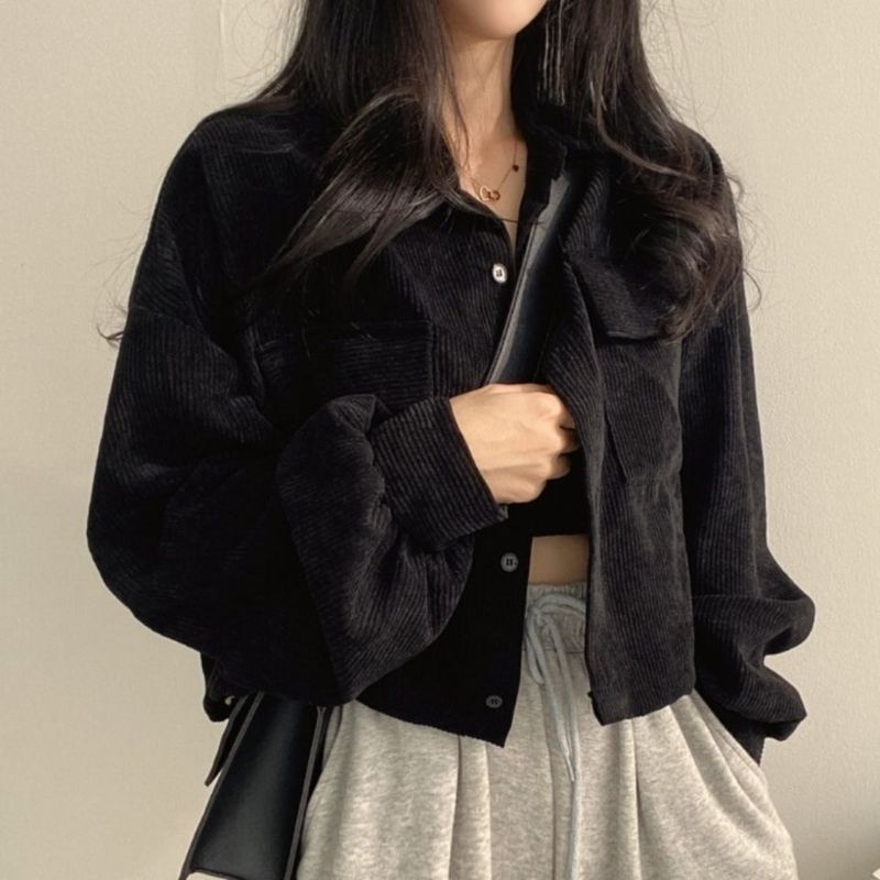 韩国秋冬法式复古宽松百搭单排扣翻领短款灯芯绒衬衫外套女潮|undefined