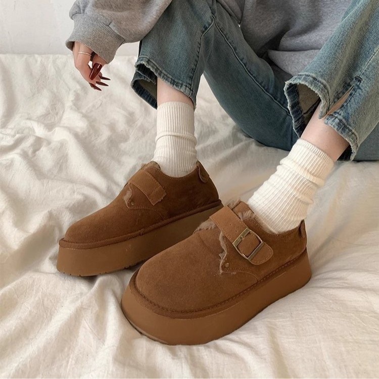 2025年新款日系百搭棉鞋松糕底英伦风博肯女鞋厚底加绒复古乐福鞋