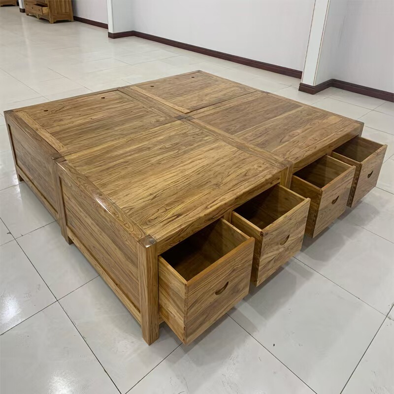 Old Elm Floor-Standing Tatami Bed Solid Wood Box Storage High Box Double Bed Drawer-Type Bedroom Box Bed