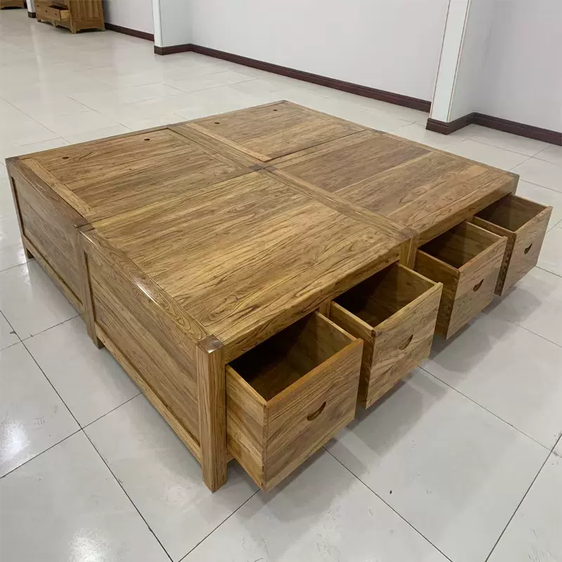 老榆木落地式榻榻米床实木箱体储物高箱双人床抽屉式卧室箱体床