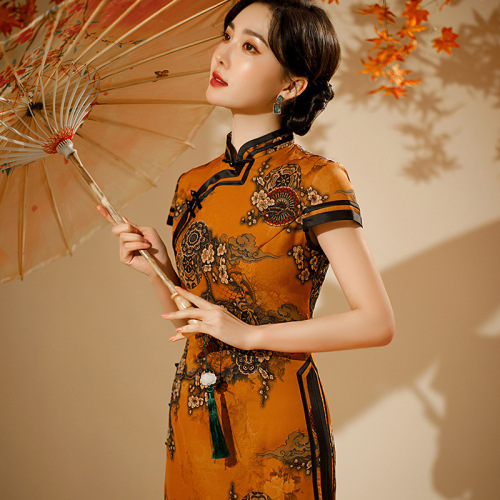 Retro Chinese Dress oriental old shanghai Qipao  wear yellow collar long fashion split Chinese cheongsam with short sleeves