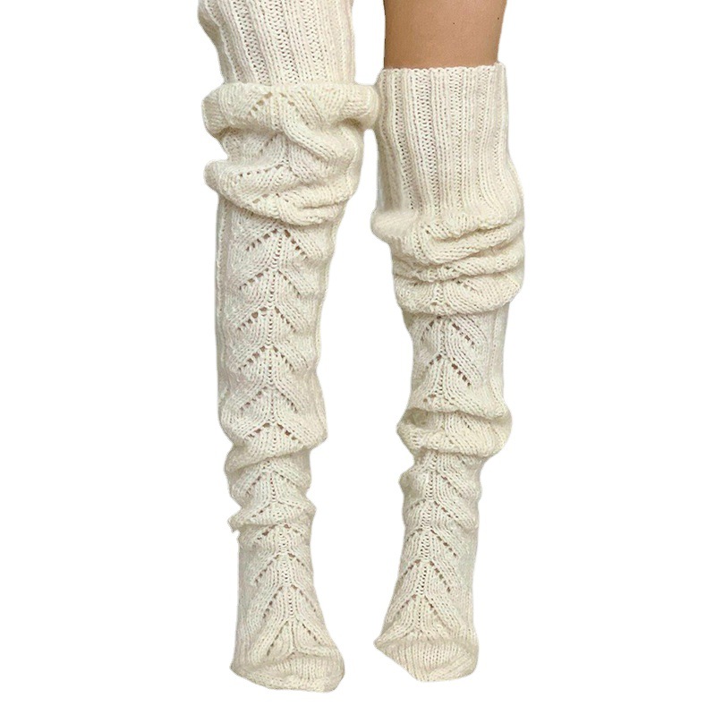 AliExpress Amazon otoño e invierno europeo y americano de color sólido de malla hueca larga sobre la rodilla Calcetines de punto de mujer