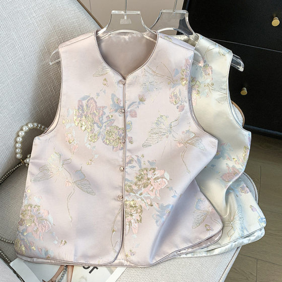 high quality Age-reducing Middle-aged Women's Chinese-style Retro National Style Button Jacquard Brocade Gold Embroidered Vest Jacket Coat