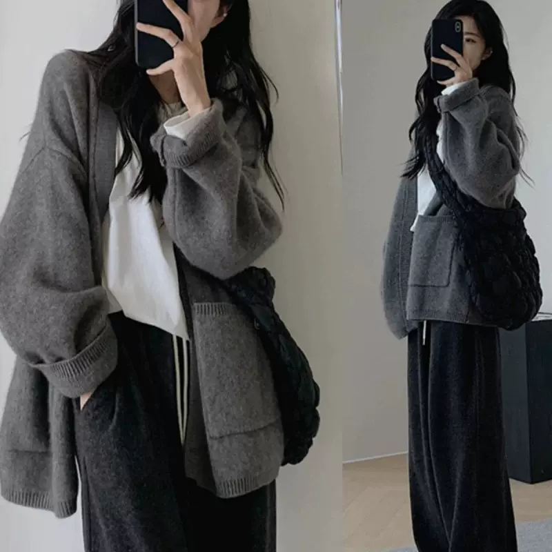 灰色100%羊毛衫女中长款毛衣外套秋冬宽松慵懒风针织开衫外搭上衣