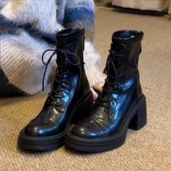 自留版~厚底高跟马丁靴女气质百搭软皮瘦瘦靴复古后拉链增高短靴