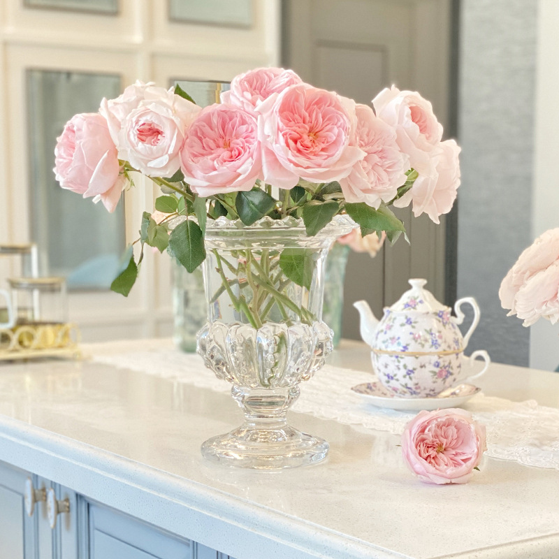 Luxury ins retro style European style high foot open mouth large glass crystal flower vase water fresh flowers flower arrangement 