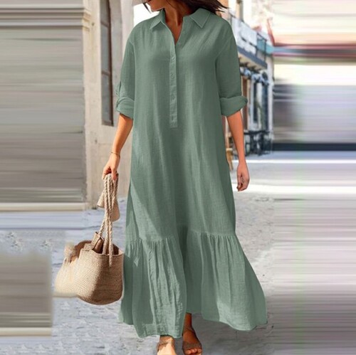 2025 New Arrival Cotton-Linen Long Irregular Dress for European and American Markets, Casual Skirt with Shirt Collar and Twisted Buttons