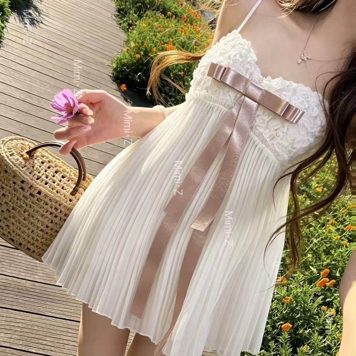 Deep V-Neck Lace Camisole Nightgown with Built-in Bra, Pink Bow Detail — detail image 3