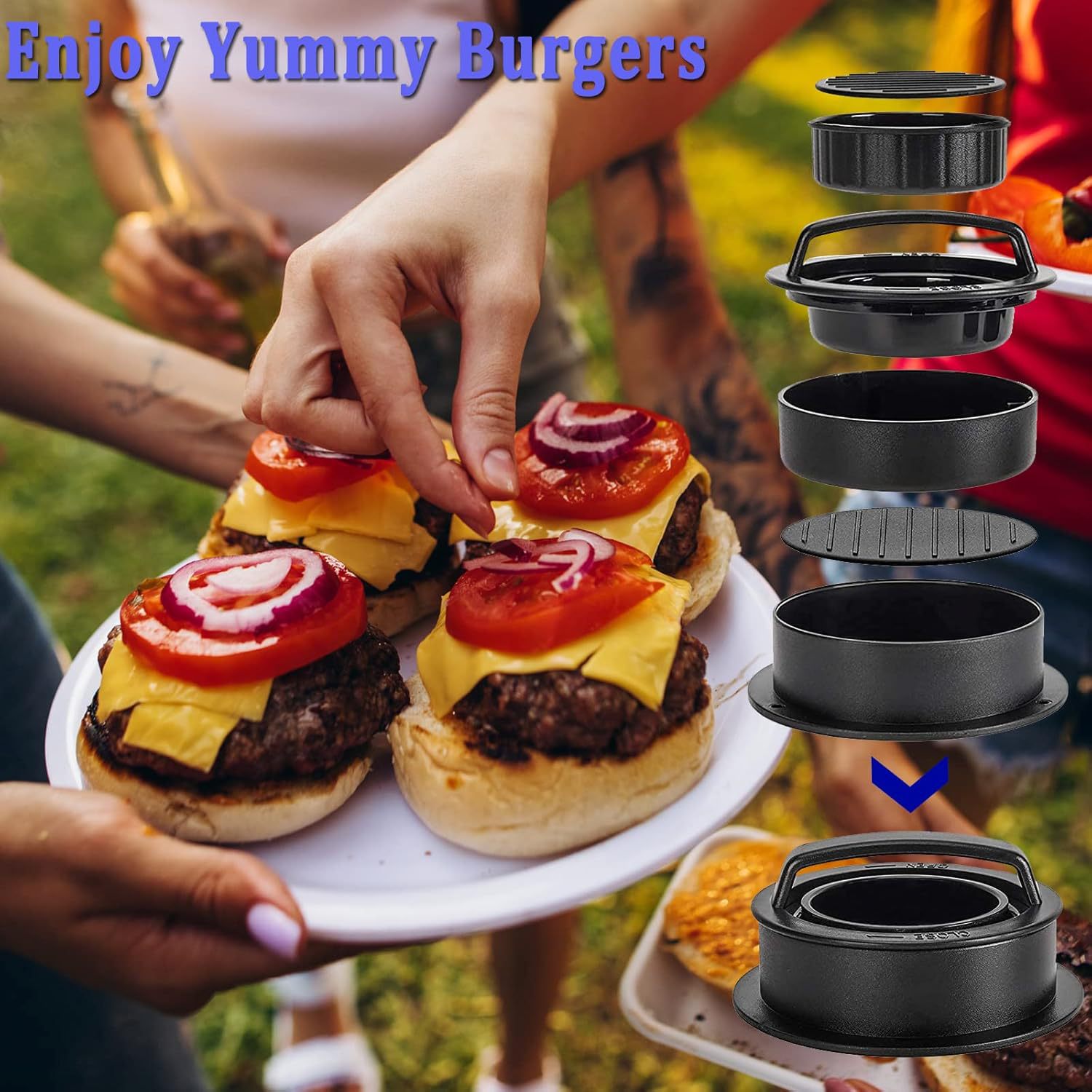 3 pieces of crushing the burger crusher kit, the burger pressure is suitable for baking trays, cast iron barbecue press with wooden handle 2