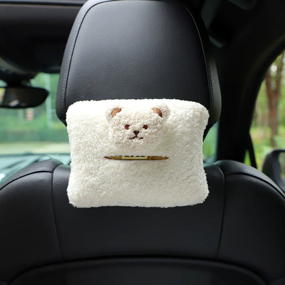 Cartoon car tissue box cute bear car chair back hanging tissue box DIY multifunctional car tissue box (Car tissue box/set) - lambswool-tissue-box-stickers-three-dimensional-beige-bear-head