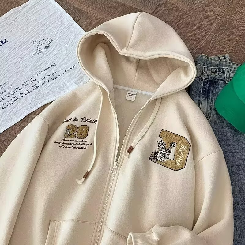 Felpa con cappuccio e cerniera retrò – Felpa unisex oversize con grafica anime (beige/marrone/nero, S-3XL)_voghion.com