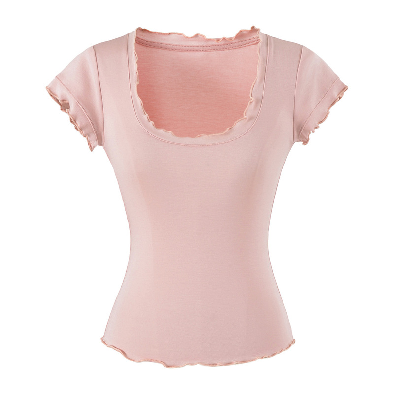 New Korean-style lace U-neck short-sleeve women's slim-fit stretchy solid color ruffled short top with regular shoulders, available in multiple colors New Korean-style lace U-neck short-sleeve women's slim-fit stretchy solid color ruffled short top with regular shoulders, available in multiple colors