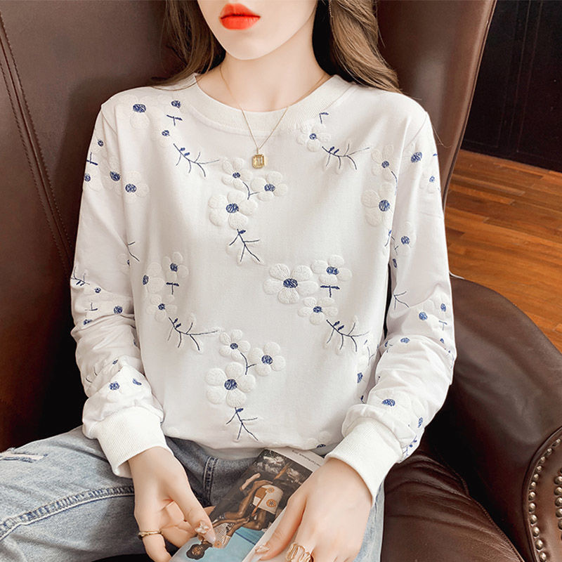 White Sweatshirt Women's Round Neck Cotton Long-Sleeved T-Shirt New Spring & Fall Thin Large Size Loose Bottoming Shirt Top Trendy