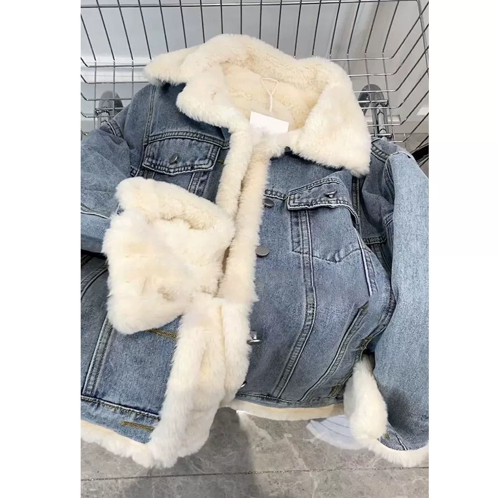 Little Xiangfeng овечья шерсть французская жареная улица джинсовая короткая куртка женская весна и осень с плюшевым толстым флисом щука