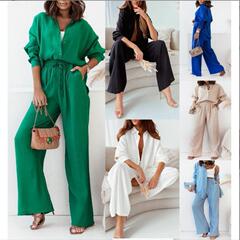 2026年秋冬新作 欧米風 ファッション ゆったりとした伸縮性のあるプリーツ長袖シャツとワイドパンツのカジュアルスーツ レディース2点セット