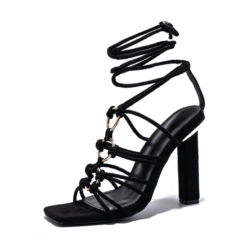 Thick High-Heel Straps Square Toe Sandals NSSO68798