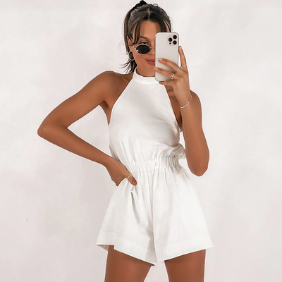 Europe and America fashion leisure time white Jumpsuits summer halter Sleeveless Backless Frenum 2022 new pattern shorts Women's wear