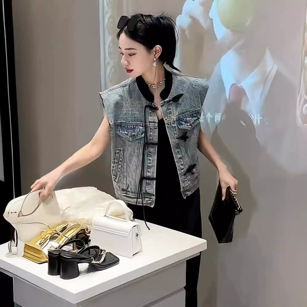 Ранняя весна и осень китайский джинсовый жилет женский летний 2024 новый маленький человек с короткими топами