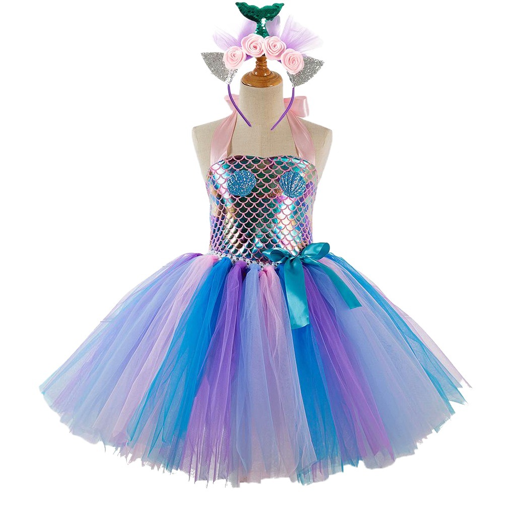 Falda del tutú de la sirena de los niños europeos y americanos para niñas pettiskirt cospaly vestido de rendimiento falda del vestido de la escala de pescado