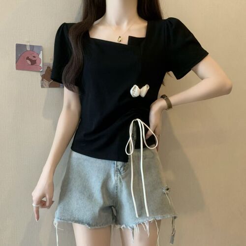 Dopamine-designed 3D floral drawstring pleated short-sleeve T-shirt top for women - summer sweet, versatile, and gentle style