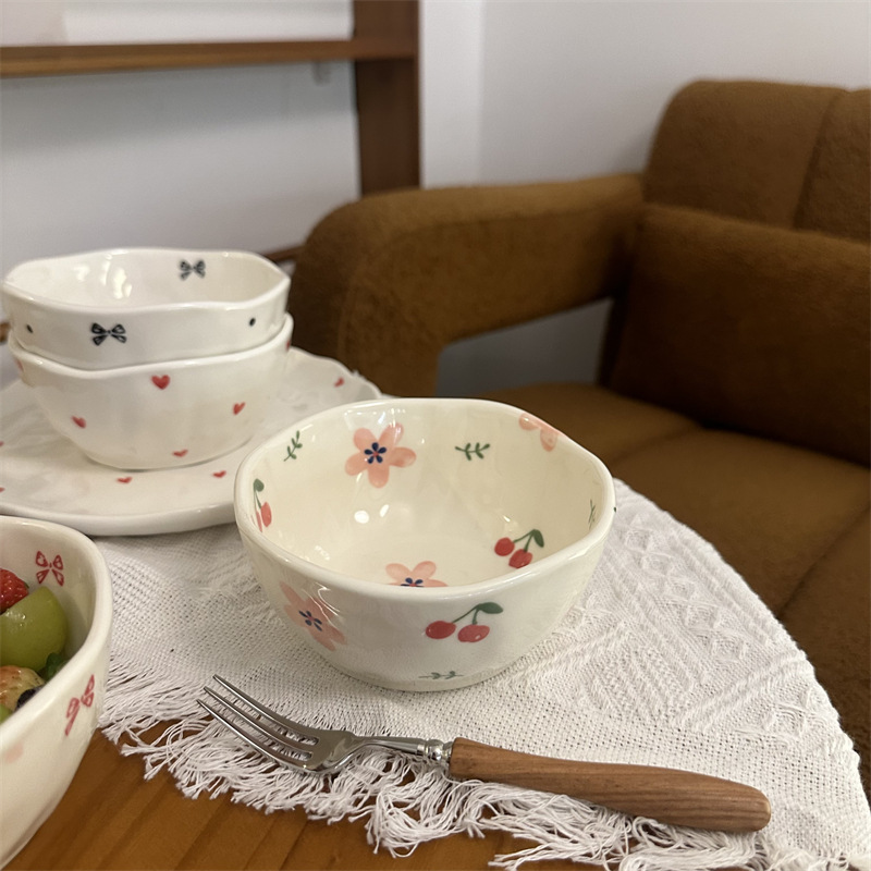 Ins Style Hand Kneading Irregular Ceramic Bowl High Color Value Salad Fruit Bowl Snack Snack Bowl Afternoon Tea Dessert Bowl