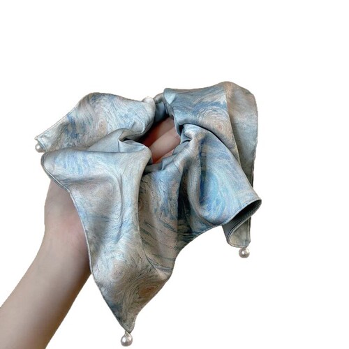 French oil painting pearl square scarf hair tie for women 2025 high-end low ponytail hair tie elegant sweet hair accessory