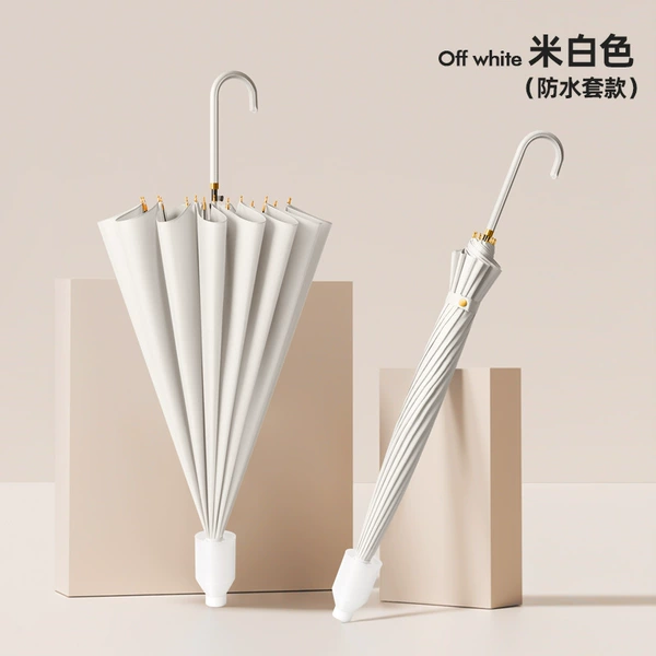 Off-white with waterproof cover-16 bone skin bent handle-fiber wind-resistant umbrella bone