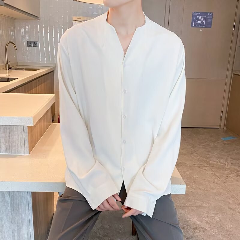 New Chinese Style V-Neck Shirt for Men, High-End Acetic Acid Loose Long-Sleeved Abstinence Satin Ice Silk Shirt Collarless Shirt