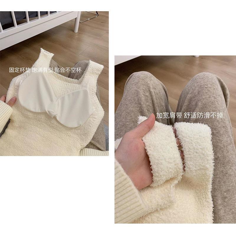 밀키 램스울 보온 ??탑, 가슴 패드가 포함된 원피스 베스트, 두툼한 플러시 롱 슬링 베이스