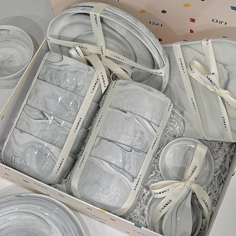 Nordic Marble Dishes and Dish suit Household High-grade Thickened Anti-scalding Rice Bowl Dish Plate Bowl Set Tableware