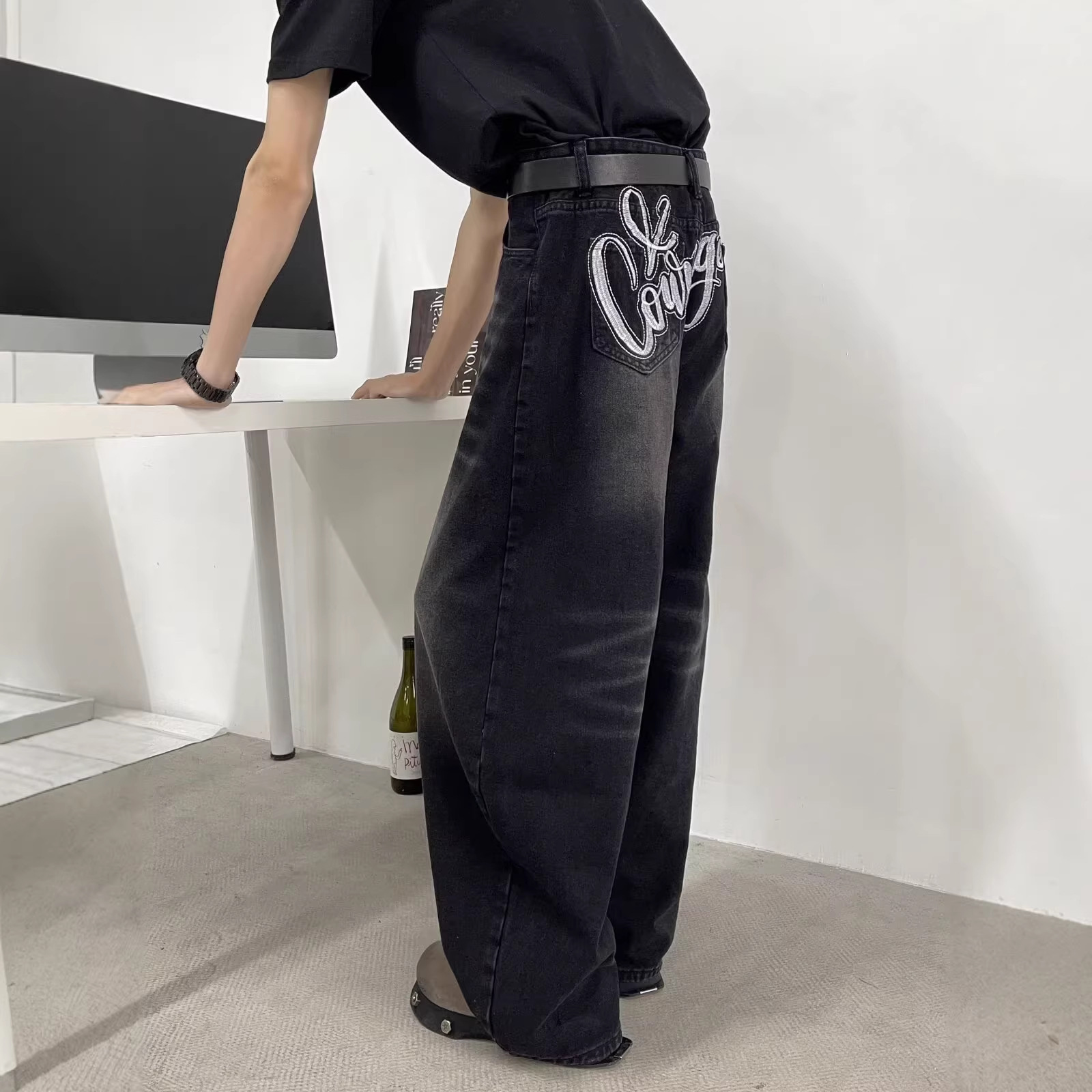 Men's American Vintage Black Saber-Cut Jeans – High Street Drop-Crotch Wide Leg Pants (S-3XL, Heavyweight Washed Denim)_mkmklike.com