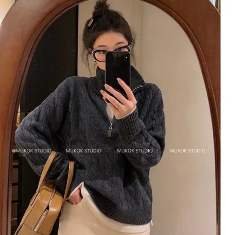 RL秋冬半拉链立领针织上衣加厚毛衣女宽松慵懒扭花羊毛衫外穿拉夫|undefined