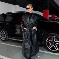 Team wang новый Wang Jiaer тот же ретро осенний и зимний повседневный мужской и женский шнуровочный кожаный пальто длинное пальто