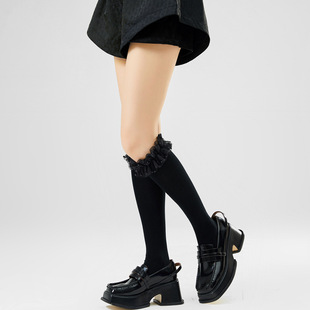 Lolita Ruffled Pearl Lace Pure Cotton Long Socks Autumn Jk Black Mid-Calf Socks for Women Wholesale Antibacterial Breathable