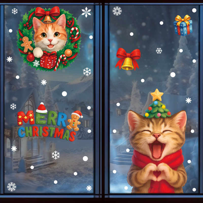 Amazon クリスマスステッカークリエイティブ子猫静電ステッカークリスマスパーティー用品スノーフレークベルガラスステッカー|undefined