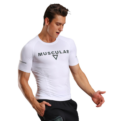 Hunter Star Men's pro tight-fitting short-sleeved sports fitness T-shirt quick-drying elastic breathable moisture-wicking logo print 12009