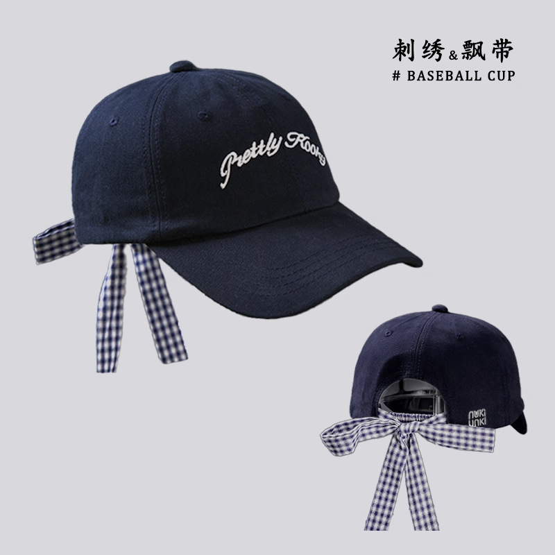 蝴蝶结绑带复古格纹字母刺绣棒球帽女韩版春夏百搭显脸小鸭舌帽子|undefined