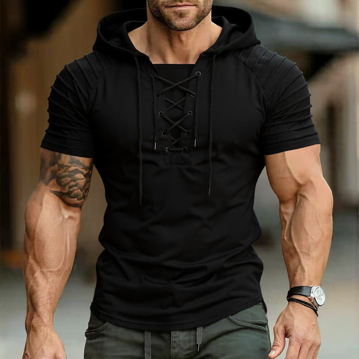 Men's Hooded Polo Shirt With Drawstring And Pleated Sleeves_voghion.com