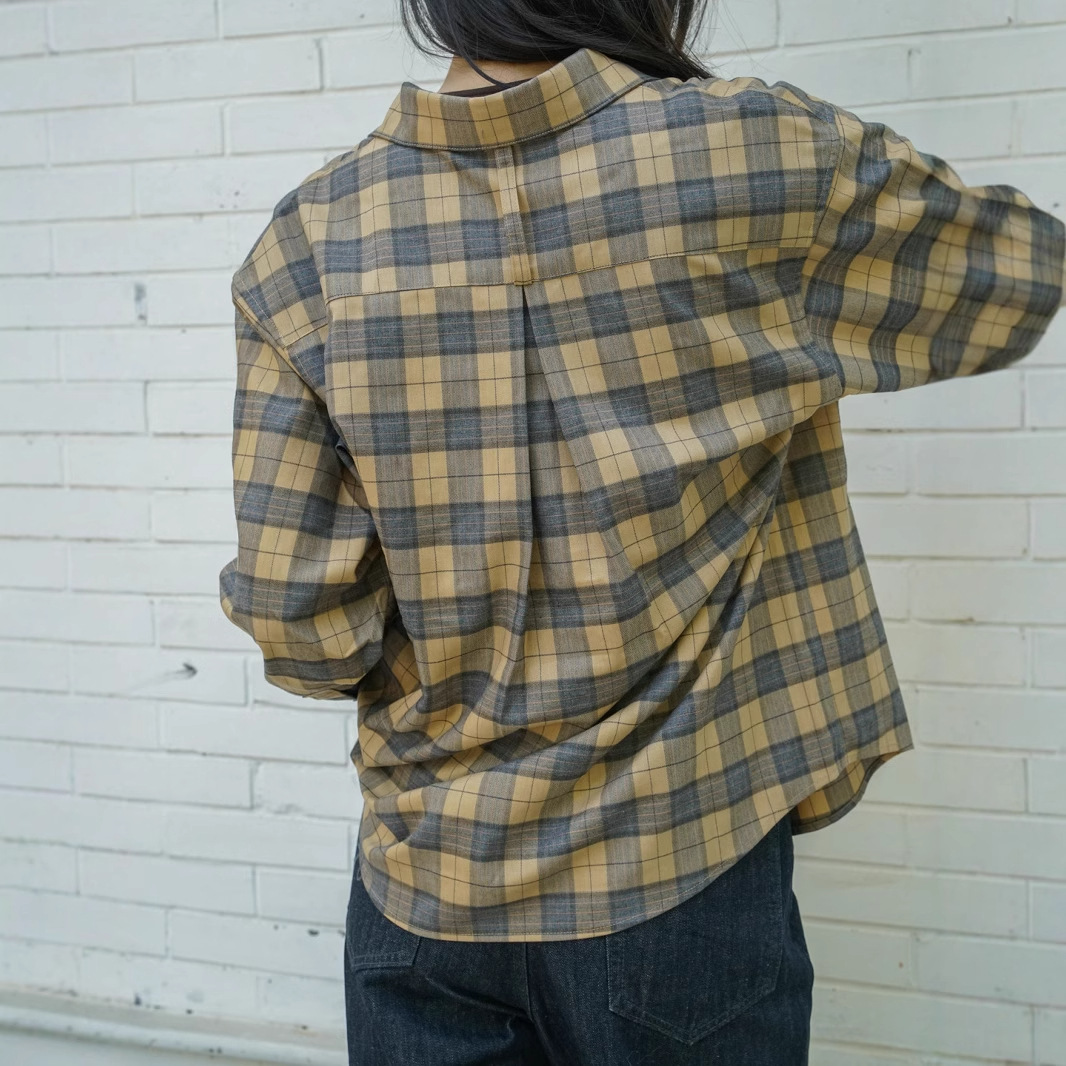 새로운 레트로 격자 무늬 느슨한 어깨 격자 무늬 긴팔 셔츠 노란색 턴 오버 격자 무늬 캐주얼 여성 4415