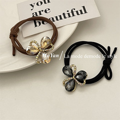Spring/Summer Trendy New Arrival Flower & Rhinestone Double-Strand Hair Ties for Women, High-Elastic, Elegant, Versatile Everyday Ponytail Accessories
